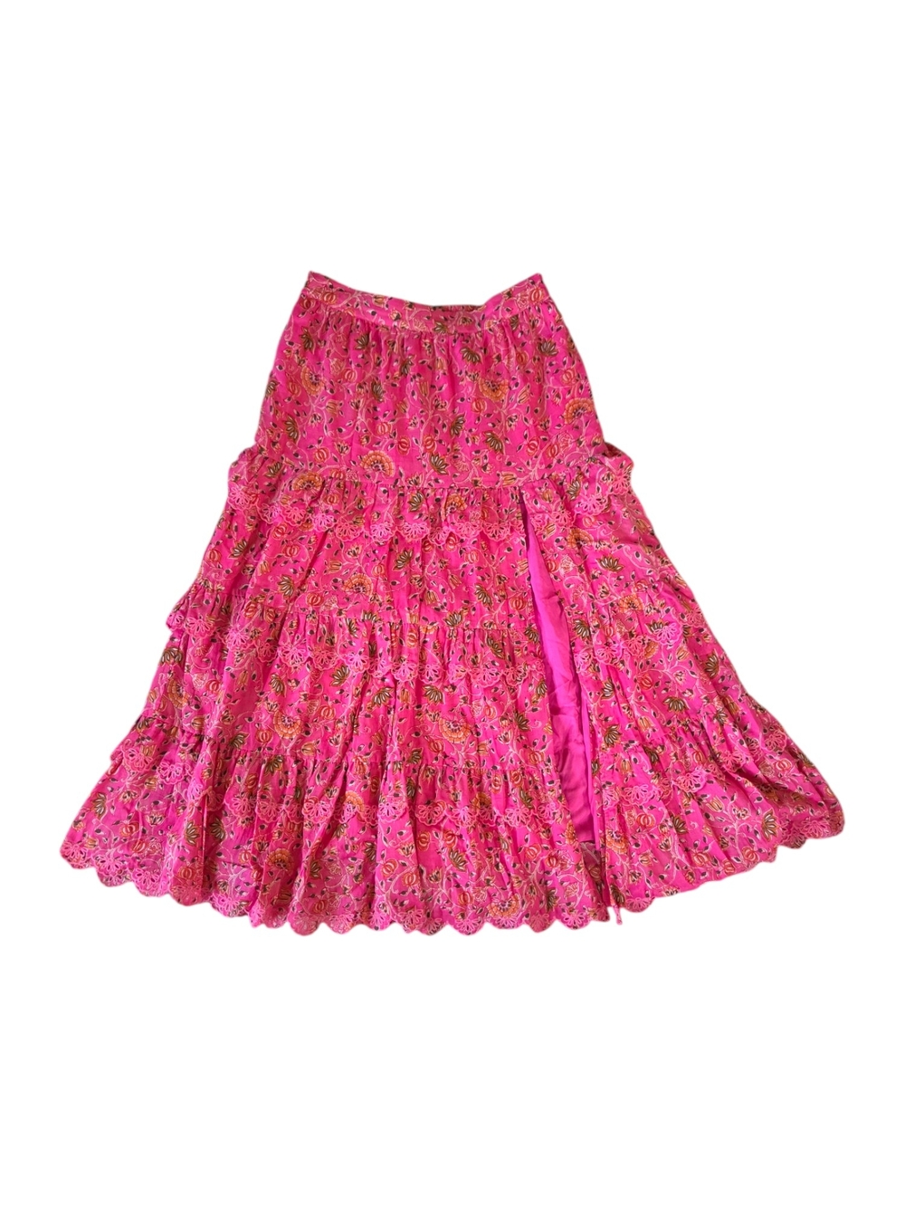 Caroline Constas | Tiered Vibrant Pink Floral Maxi Skirt With Leg Slit | Size M